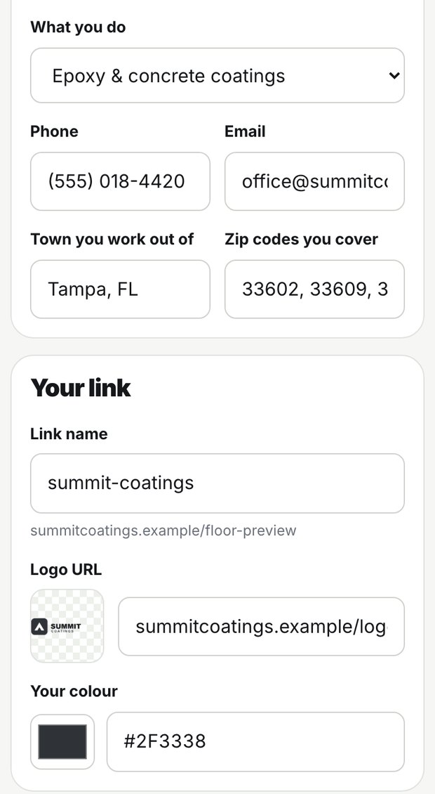 Settings showing the contractor's own logo and brand color
