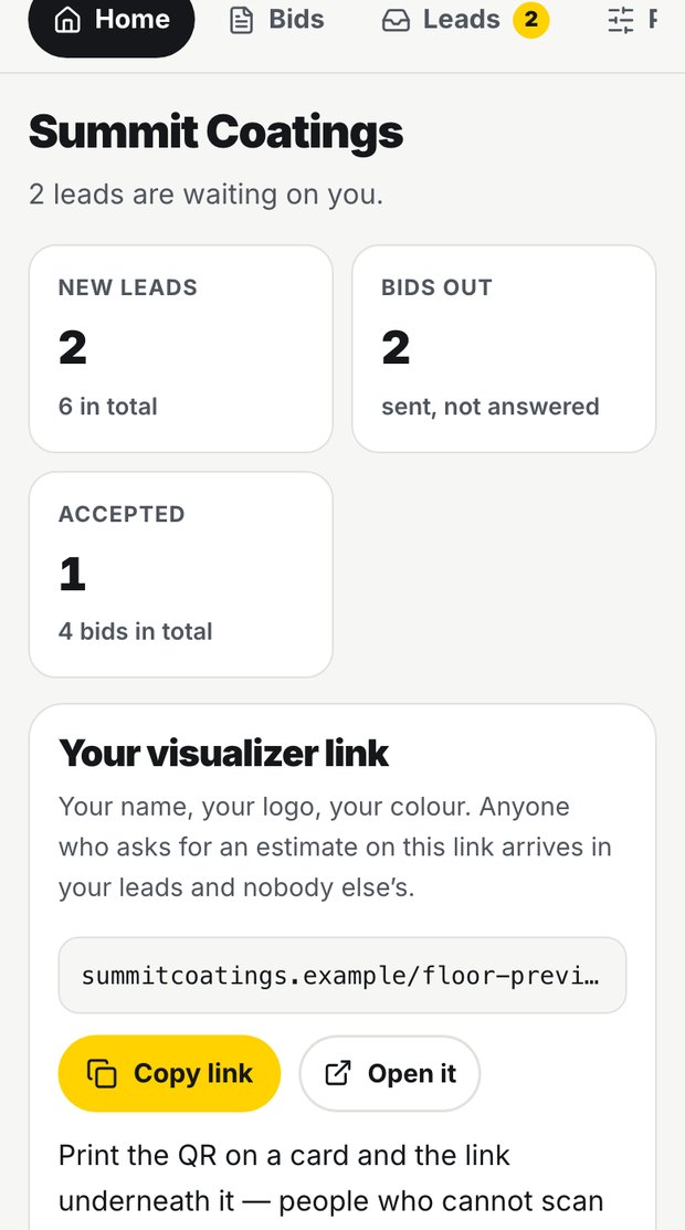 The same business on a phone, showing new leads, bids out and bids accepted