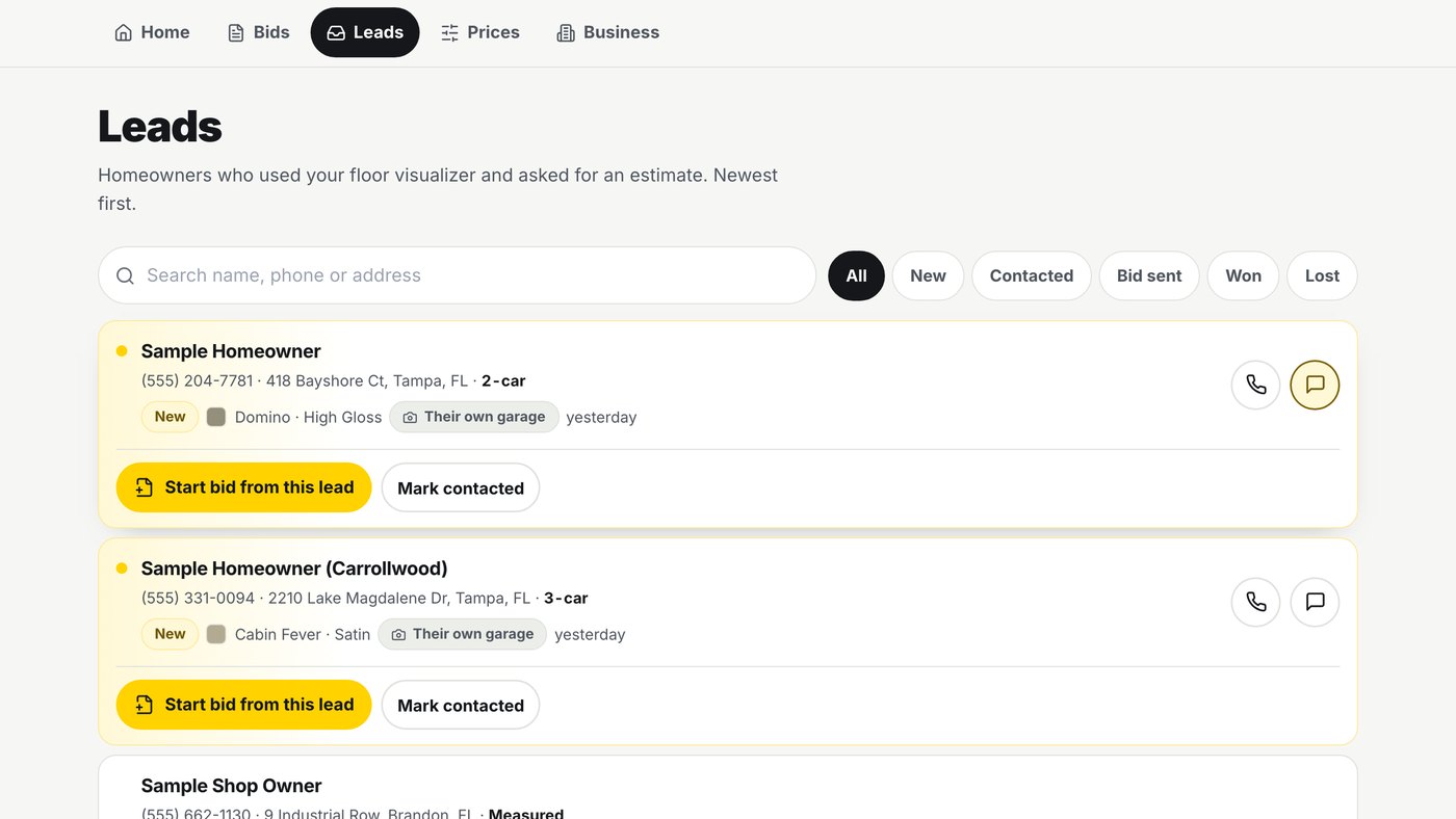 The leads inbox, showing new homeowner enquiries with the color each one picked